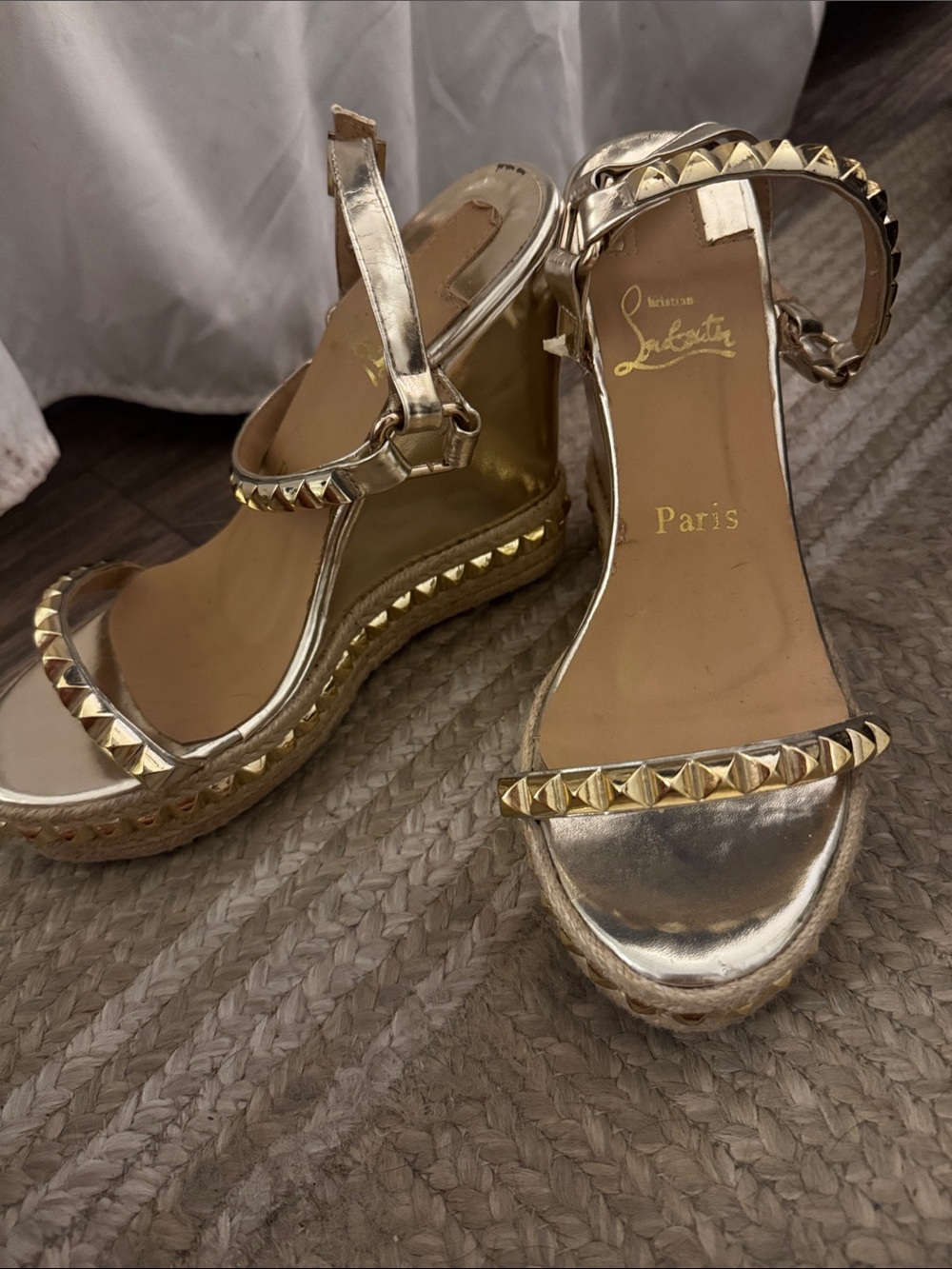 Christian Louboutin Metallic Gold Studded Wedge Sandals